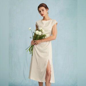 Rihoas Apricot Satin Cap Sleeve Sheath Slit Midi Dress